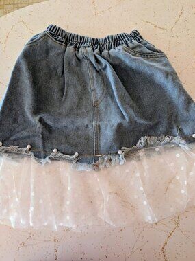 GIRLS DENIM AND LACE SKIRT NWT PEARL BEAD EMBELLISHED